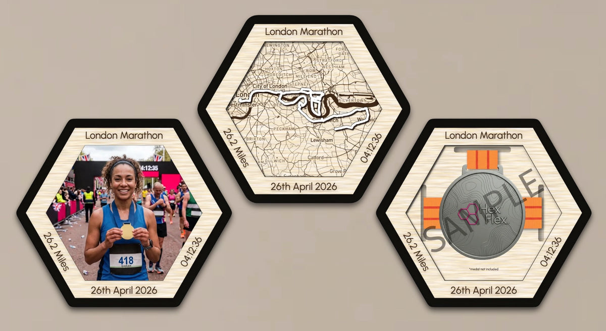 Example London Marathon display featuring a route map, race-day photo and medal holder.
